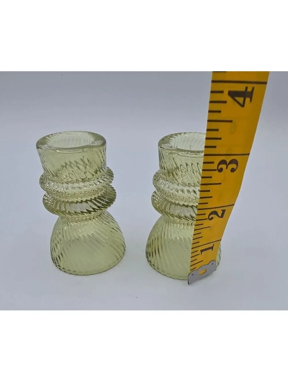 Vintage Green Glass Reversible Candle Holders Pair Spiral Ribbed 3